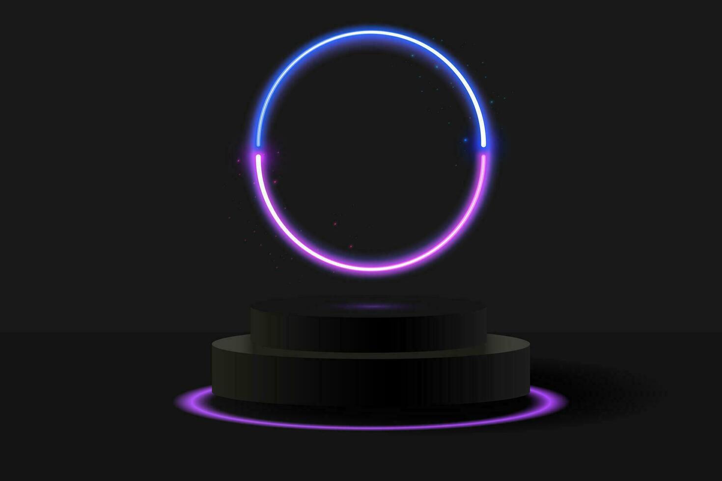 Black 3D podium with blue and purple glowing neon circle. Banner for demonstrating products, promotions, discounts, sales, black Friday. Mockup for a product. Banner with a neon scene. vector