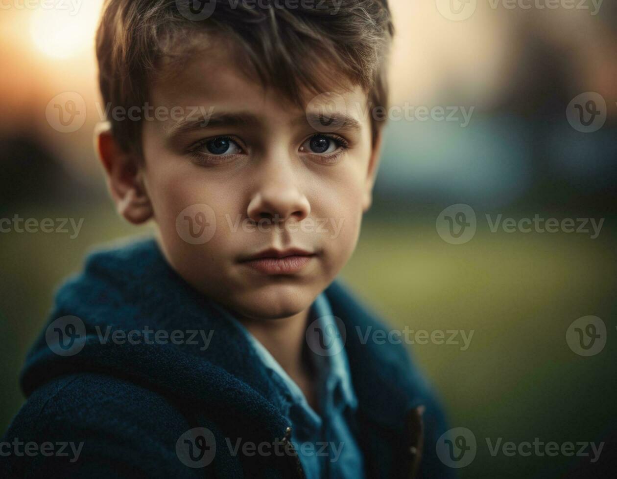 Portrait of a sad boy. AI generation photo