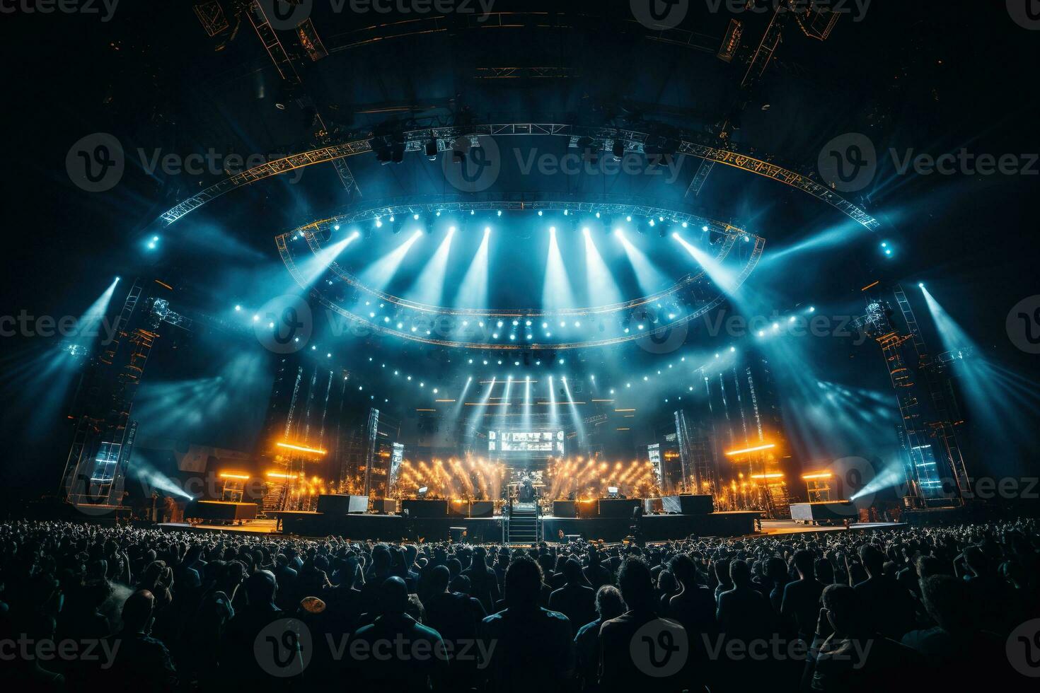 Rock concert, silhouettes of people in the bright rays of spotlights. Generated by artificial intelligence photo