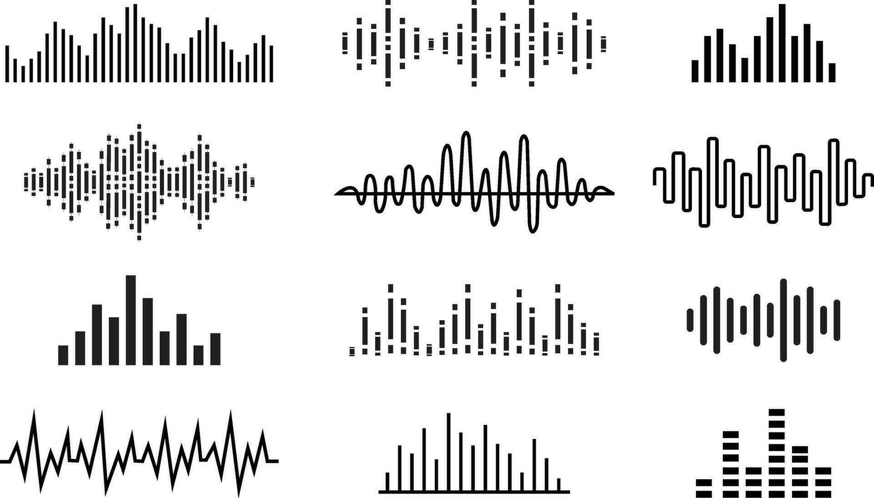 Set of Radio Wave icons. Monochrome simple sound wave isolated on  Equalizer, Audio waves, Radio signal, medical, Music, Recording, Vector collection. Volume level symbols