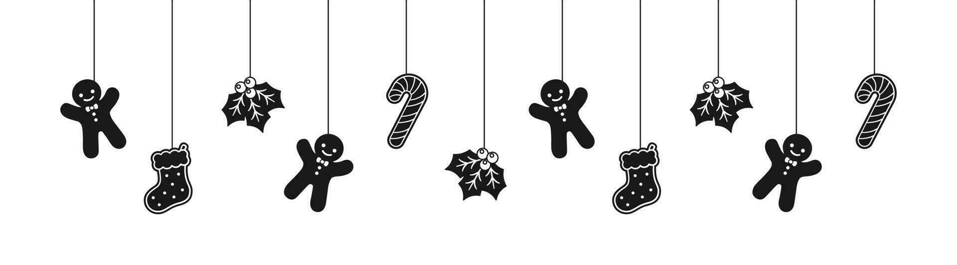 Merry Christmas Border Banner Silhouette, Hanging Gingerbread Cookies Garland. Winter Holiday Season Header Decoration. Web banner template. Vector illustration.