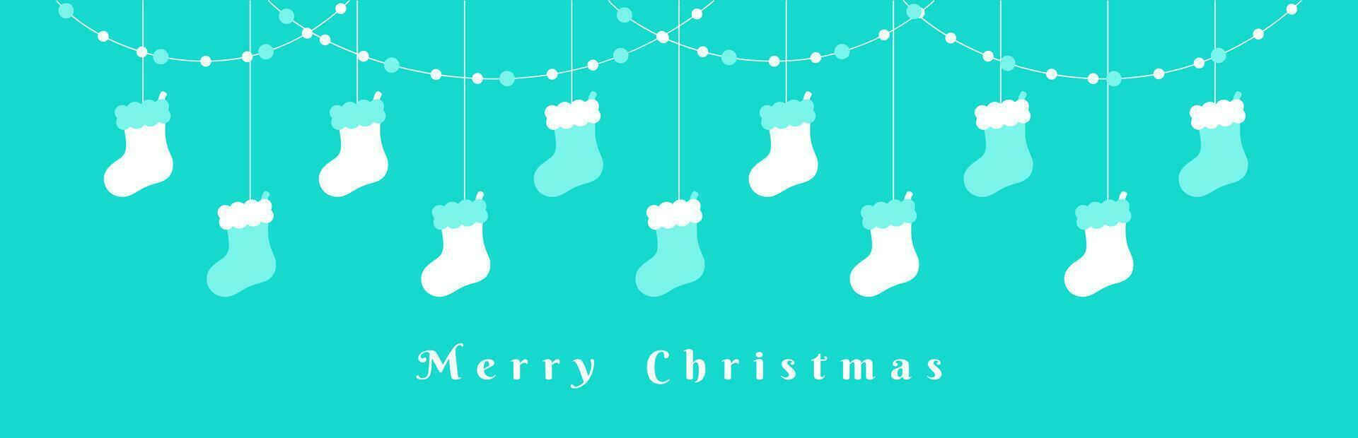 Merry Christmas Border Banner, Hanging Santa Stockings Garland. Winter Holiday Season Header Decoration. Web Banner Template. Vector illustration.