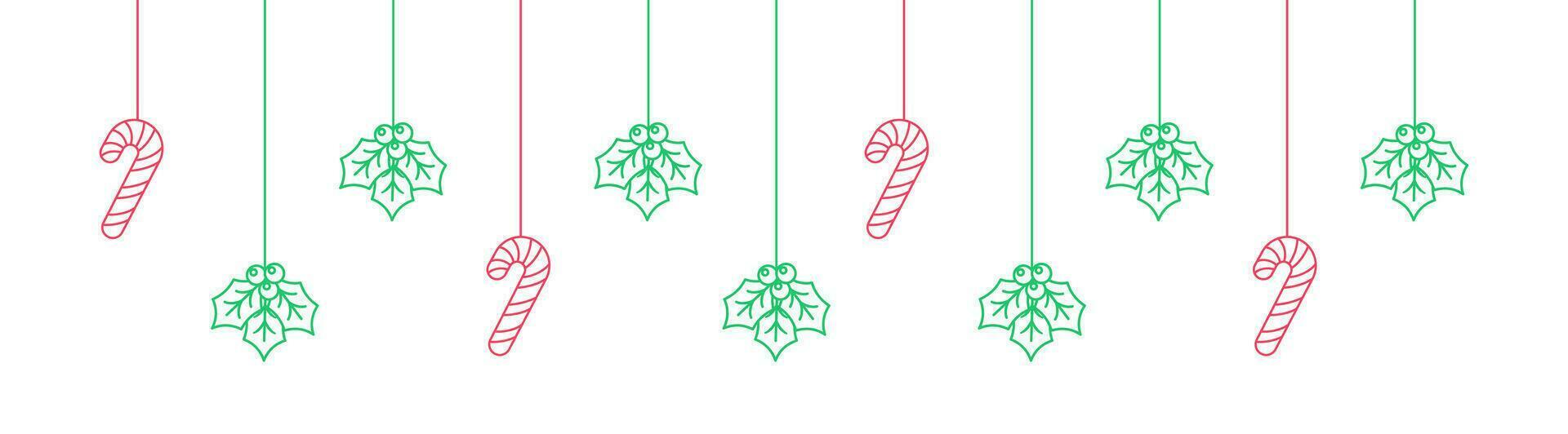 Merry Christmas Border Banner Outline Doodle, Hanging Mistletoe and Candy Cane Garland. Winter Holiday Season Header Decoration. Web Banner Template. Vector illustration.