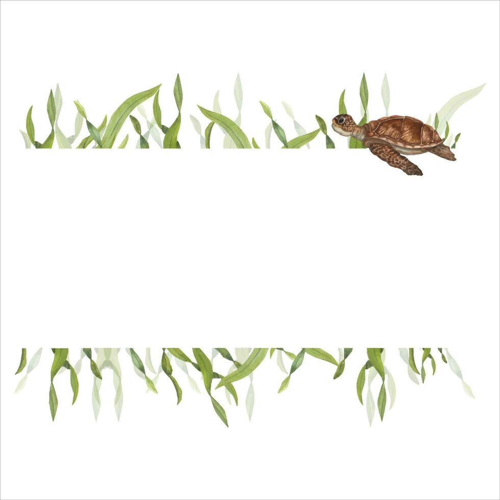 acuarela marco en marina estilo. ilustración de hierba y Tortuga para tarjeta postal diseño, diferente invitación plantilla, boda, cumpleaños, madre día tarjetas vector