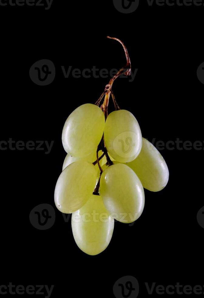 A small bunch of ripe green grapes isolated on a black background. photo