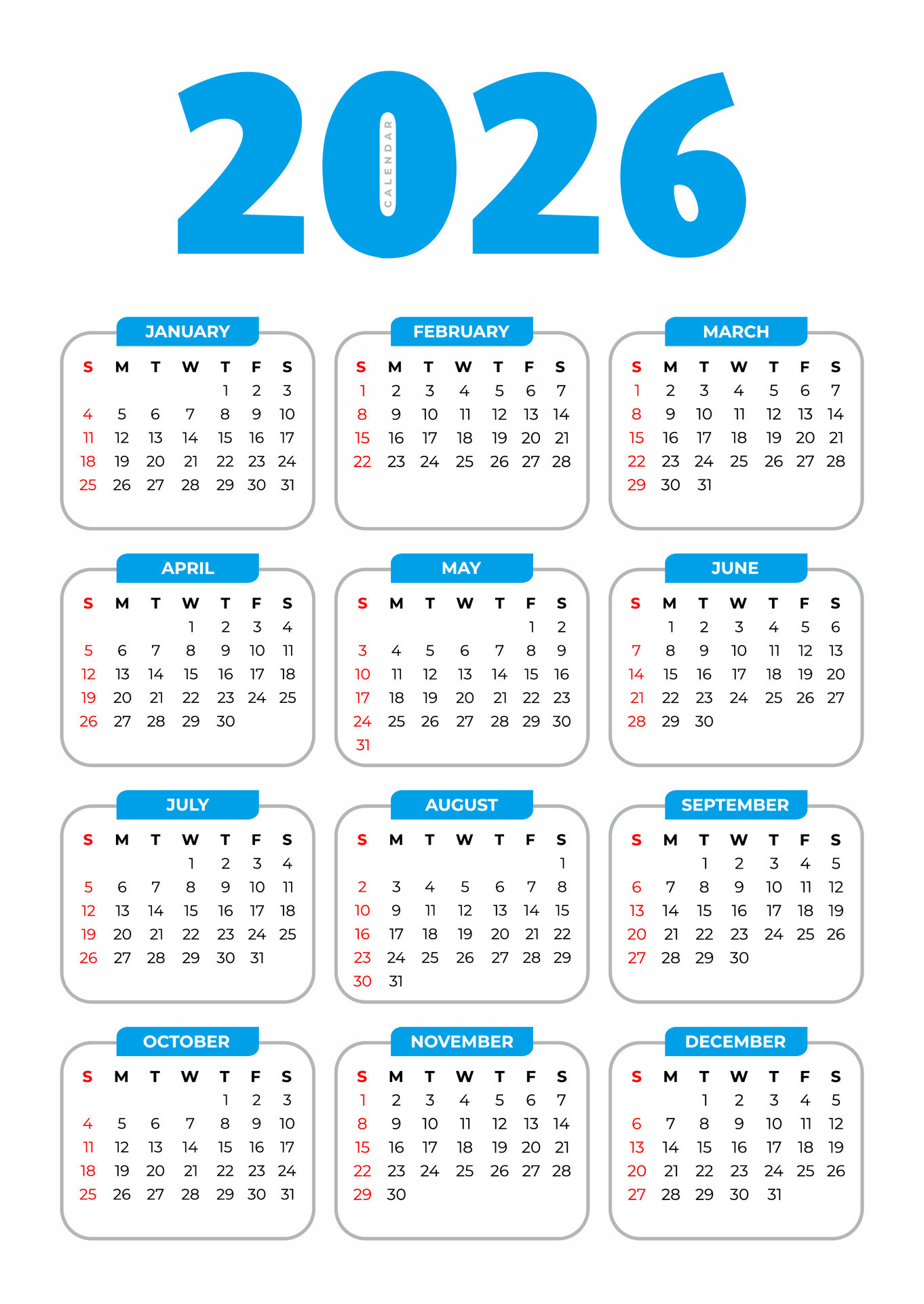 2026 Basic Calendar in White Background 33085728 Vector Art at Vecteezy