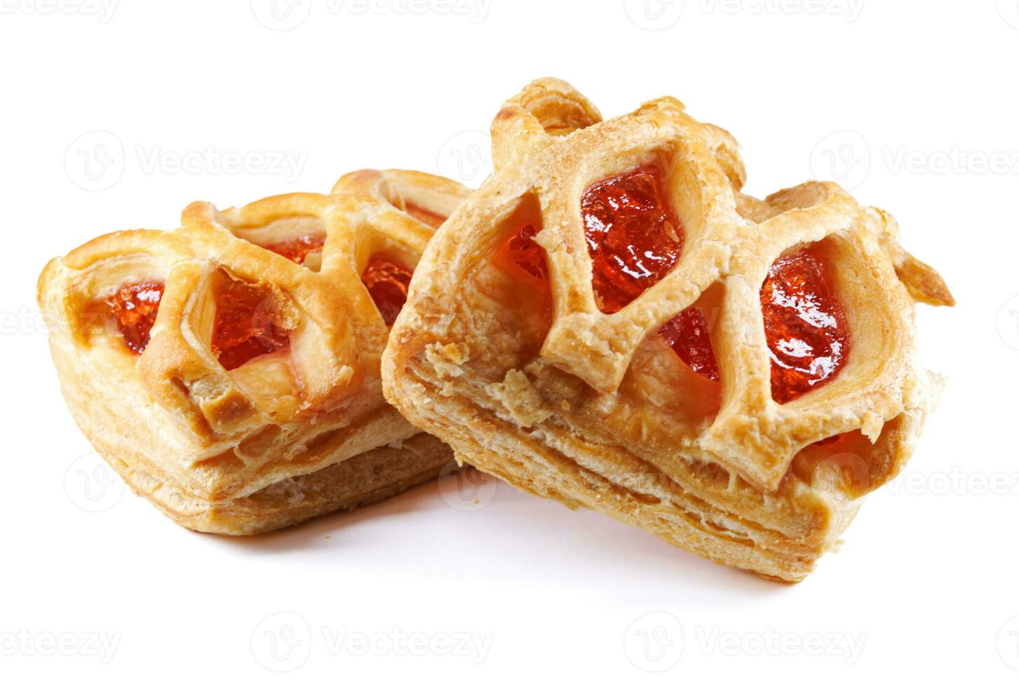 Puff pastry pastry with lingonberry jam isolated on a white background. Cookies with lingonberry jam. photo