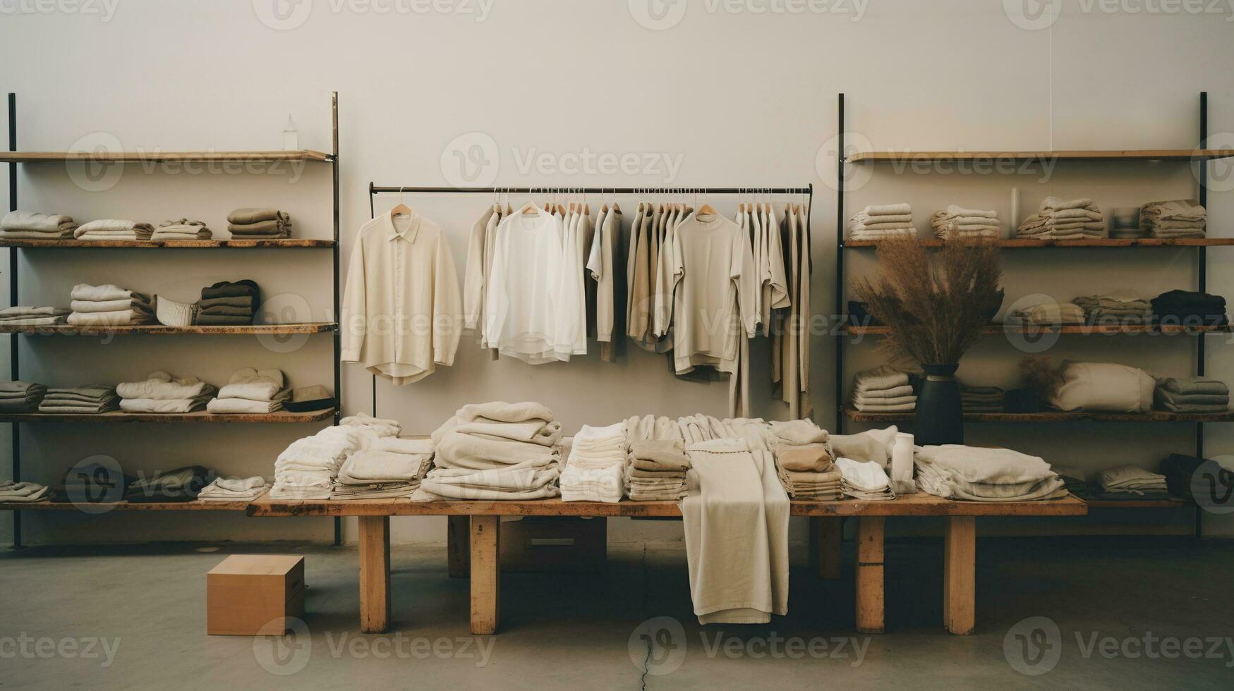 Generative AI, Cloth store aesthetic background, photo of clothes hanging on hangers, muted neutral colors