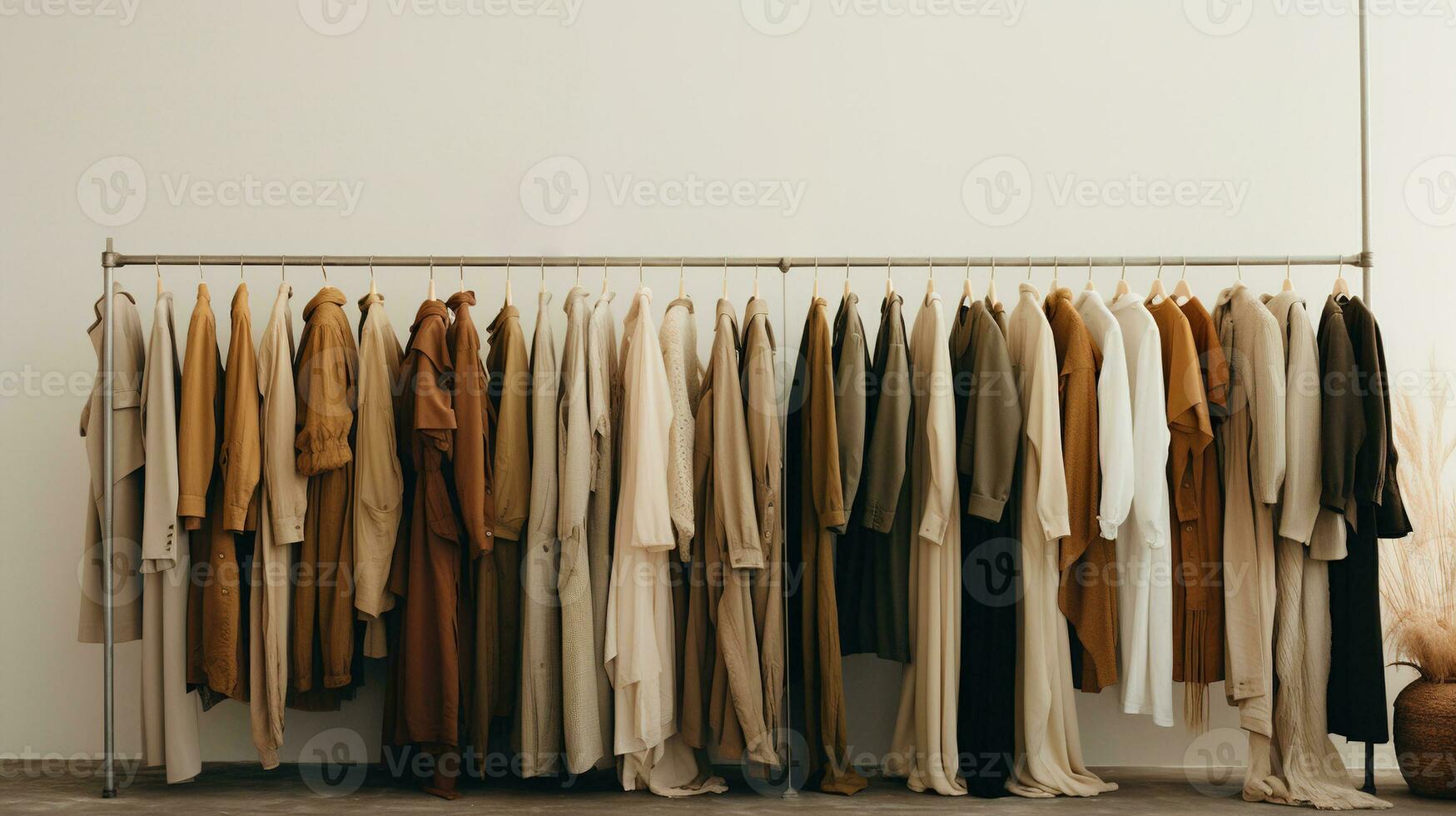 Generative AI, Cloth store aesthetic background, photo of clothes hanging on hangers, muted neutral colors