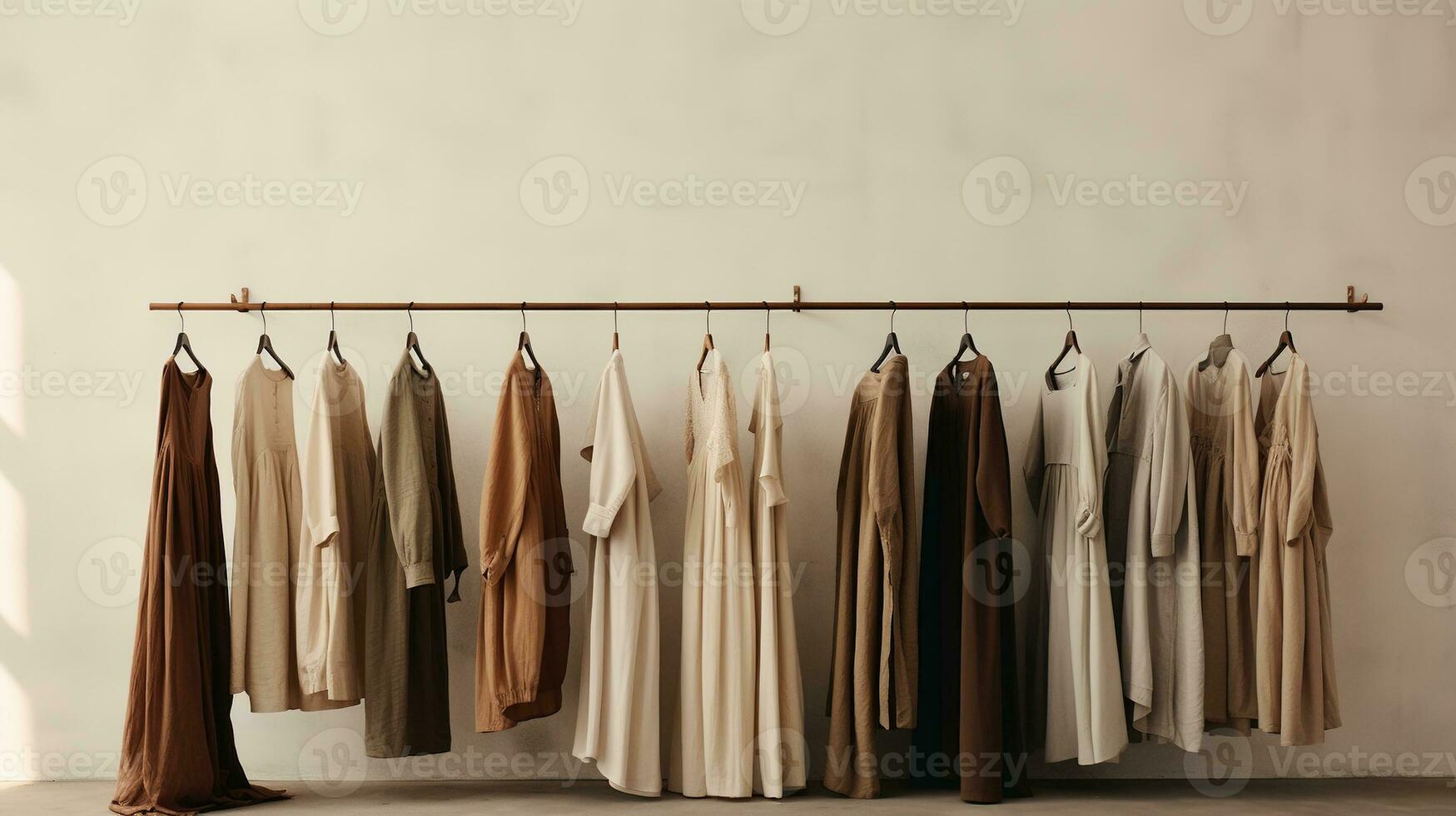 Generative AI, Cloth store aesthetic background, photo of clothes hanging on hangers, muted neutral colors