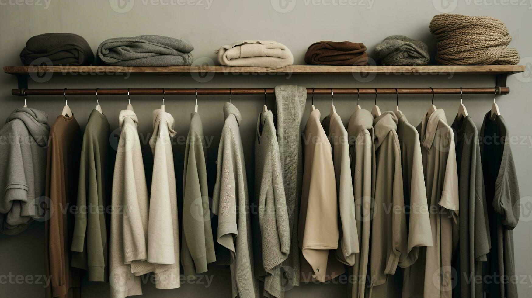 Generative AI, Cloth store aesthetic background, photo of clothes hanging on hangers, muted neutral colors