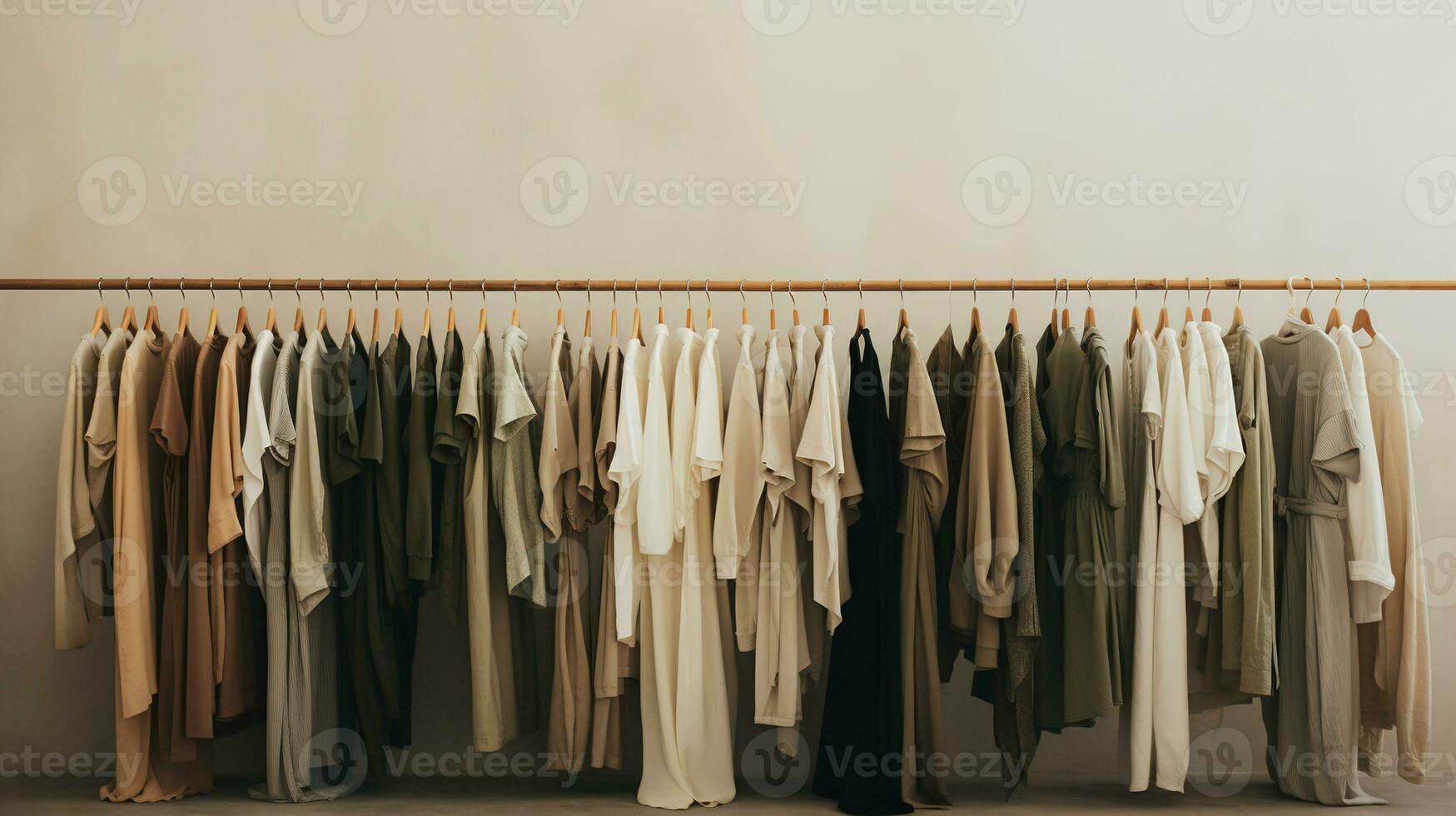 Generative AI, Cloth store aesthetic background, photo of clothes hanging on hangers, muted neutral colors