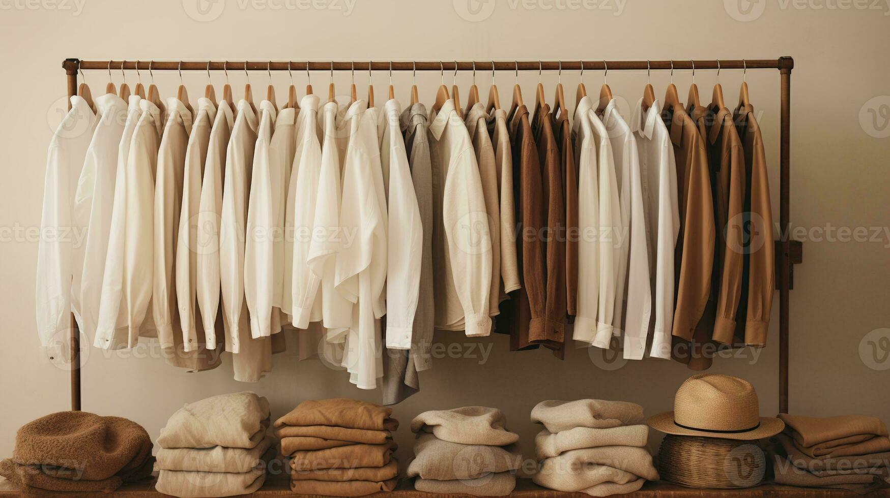 Generative AI, Cloth store aesthetic background, photo of clothes hanging on hangers, muted neutral colors