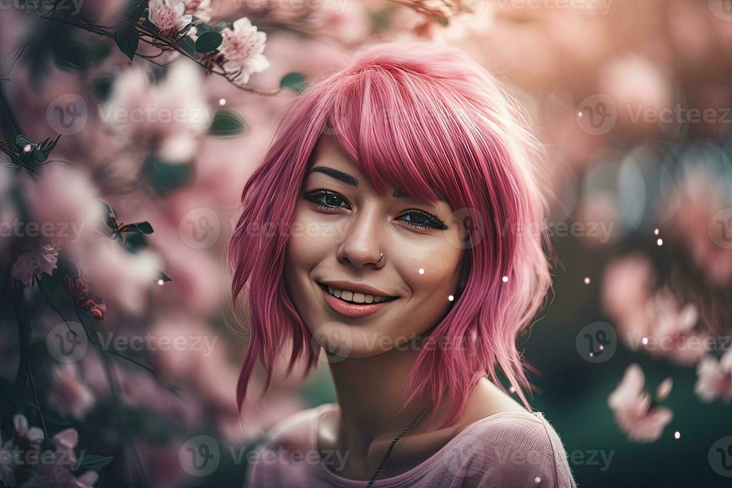 All-pink spring portrait of Pink-haired girl in front of a blooming tree. Generative AI. photo