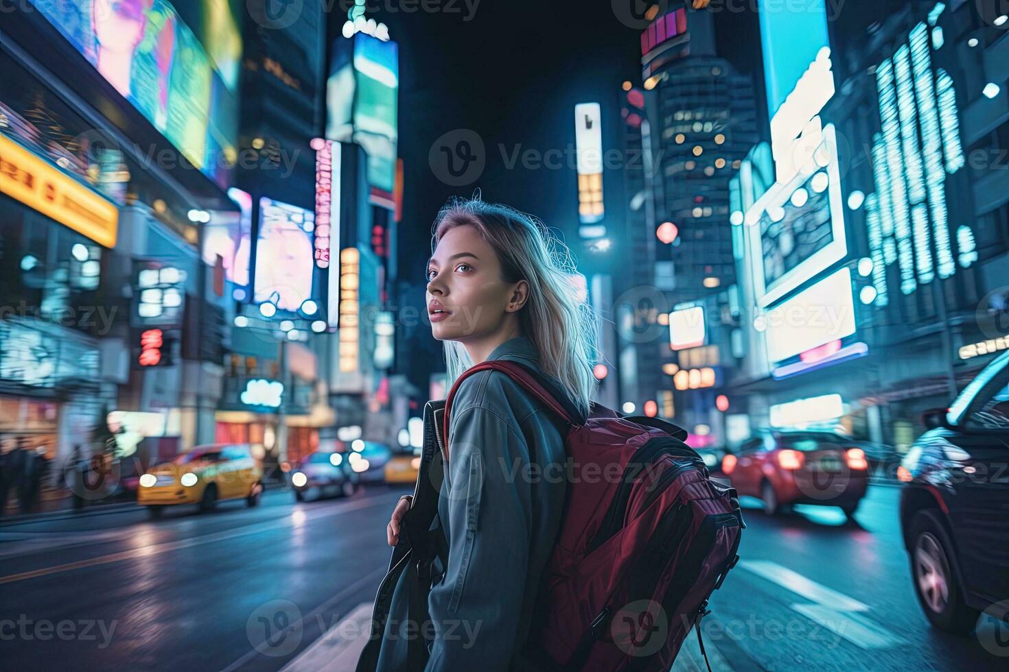 Traveling girl with red bag on a busy street. Busy nightlife in the city. Generative AI. photo
