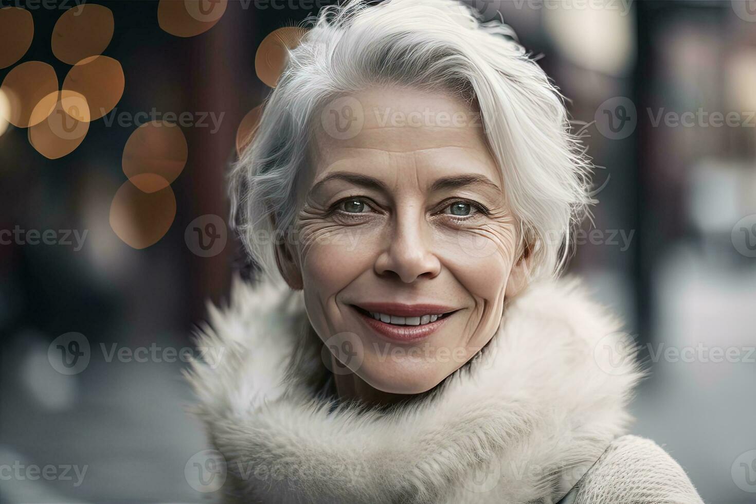 All-white portrait of eldery woman with white hair in white fur coat on a lighted street with bokeh lights in winter style. Generative AI. photo