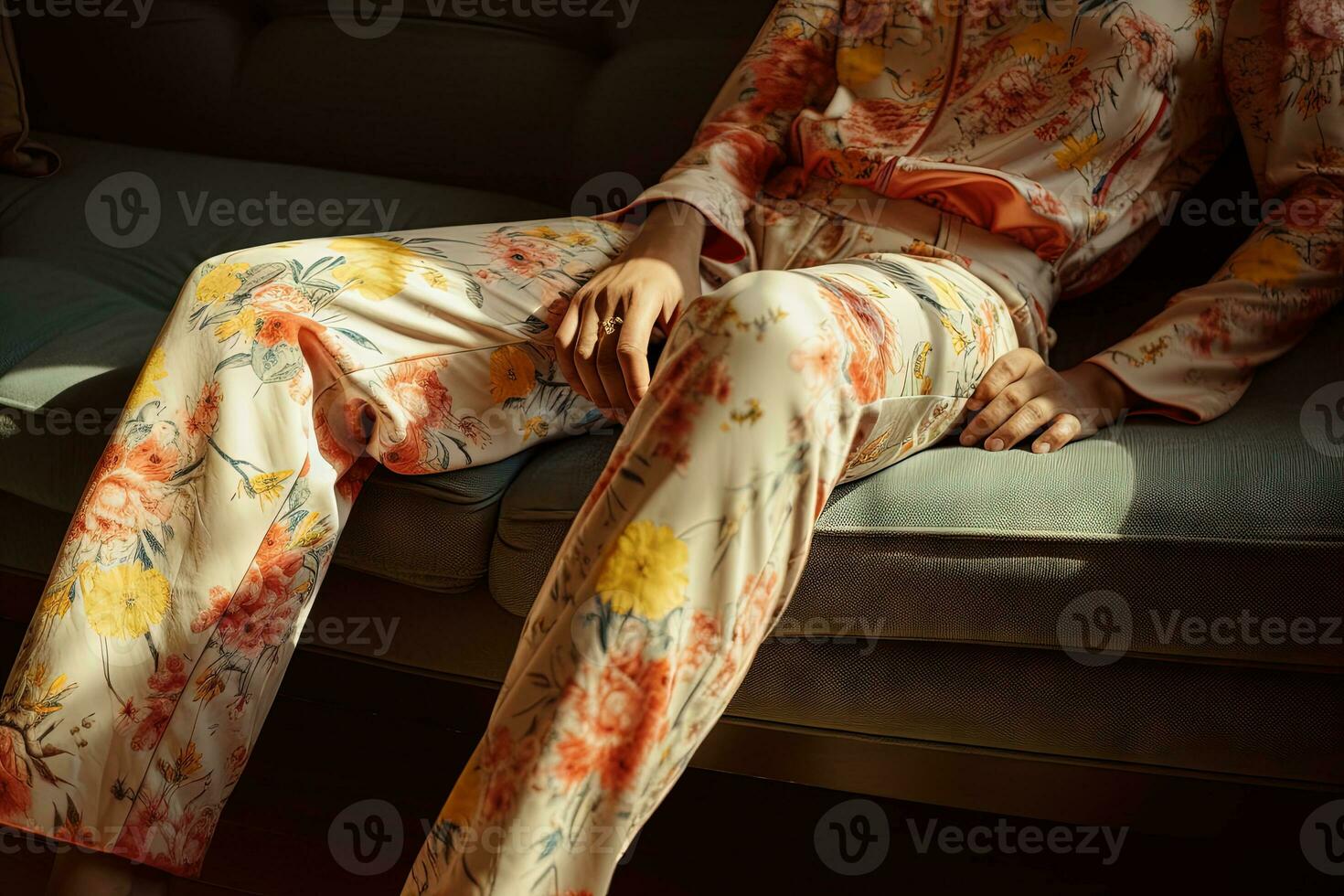 Person wearing floral pattern suit sitting on a gray couch, modelling fashion, modern art. Generative AI. photo