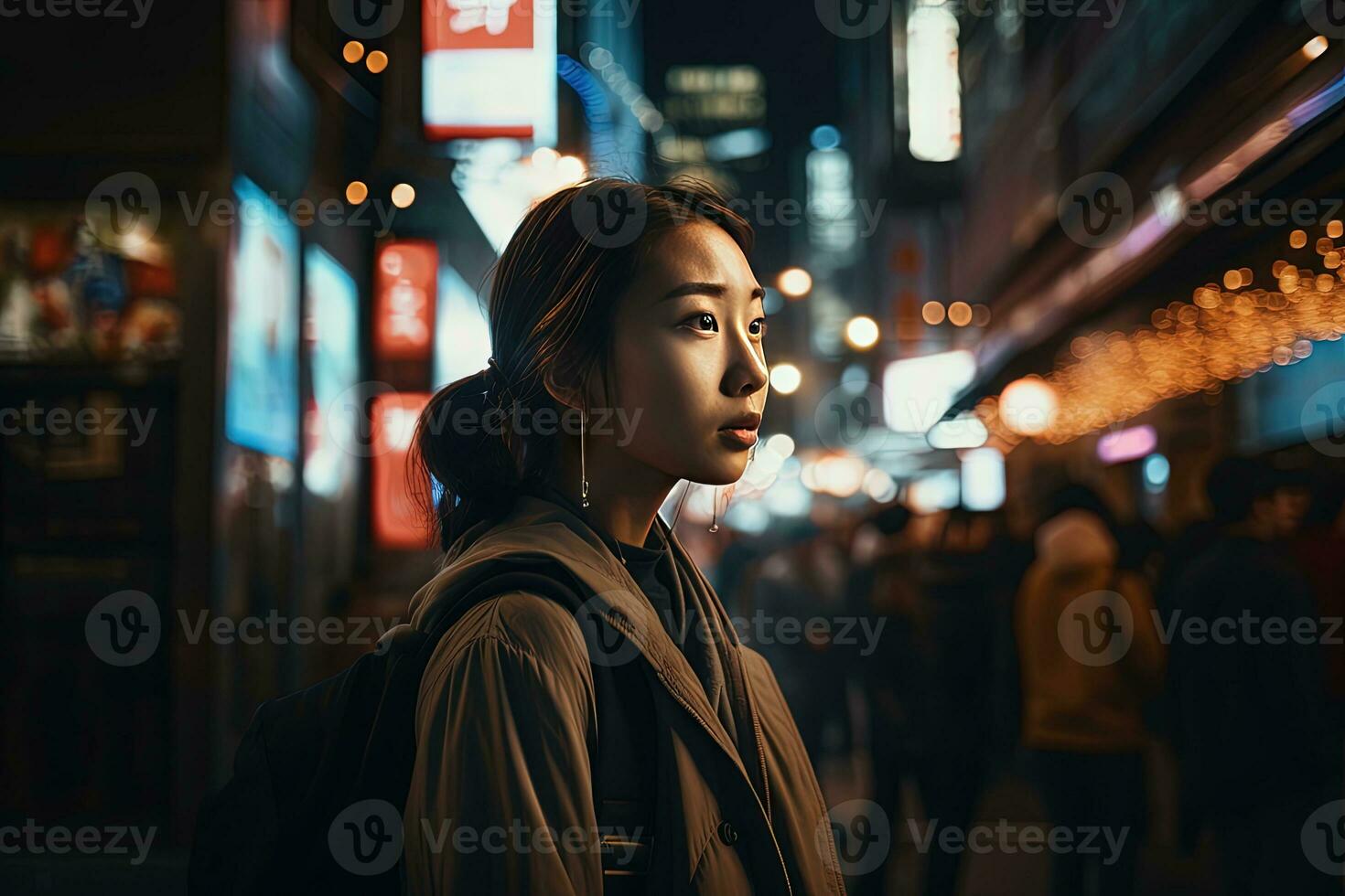 Asian girl walking on a busy street at night with bright street lights. Generative AI. photo