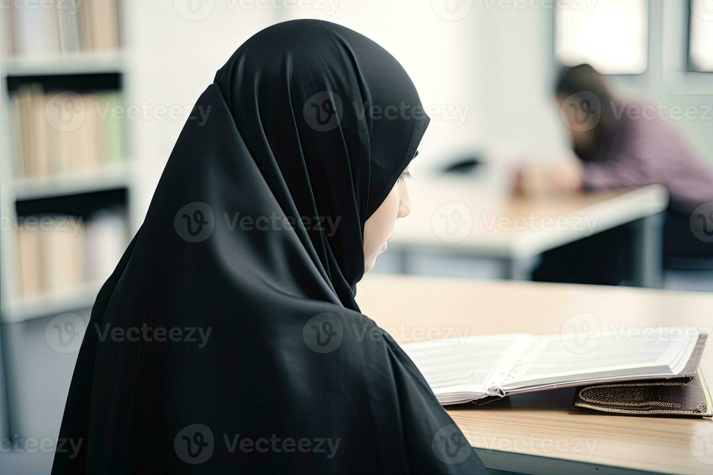 Muslim woman reading a book in a library. Student studying, education concept. Generative AI. photo