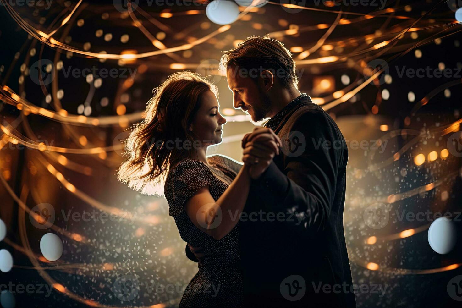 Couple dancing in a light tunnel surrounded by swirling lights. Generative AI. photo