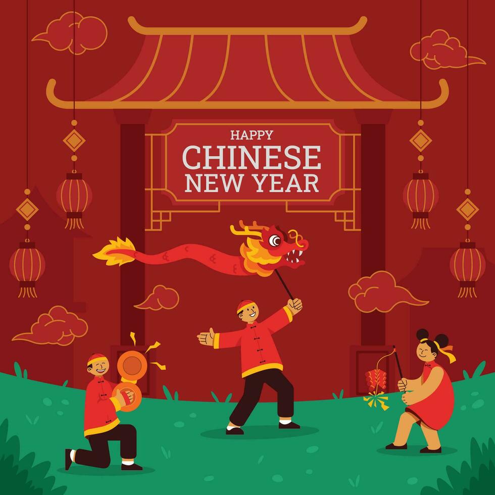 Three Youth Celebrate Chinese New Year vector