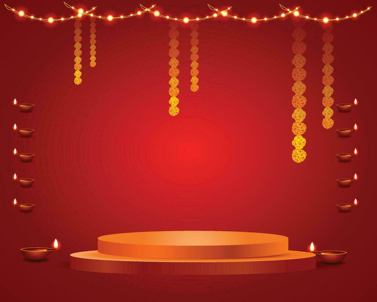 diwali banner with diya and 3d podium for product display vector