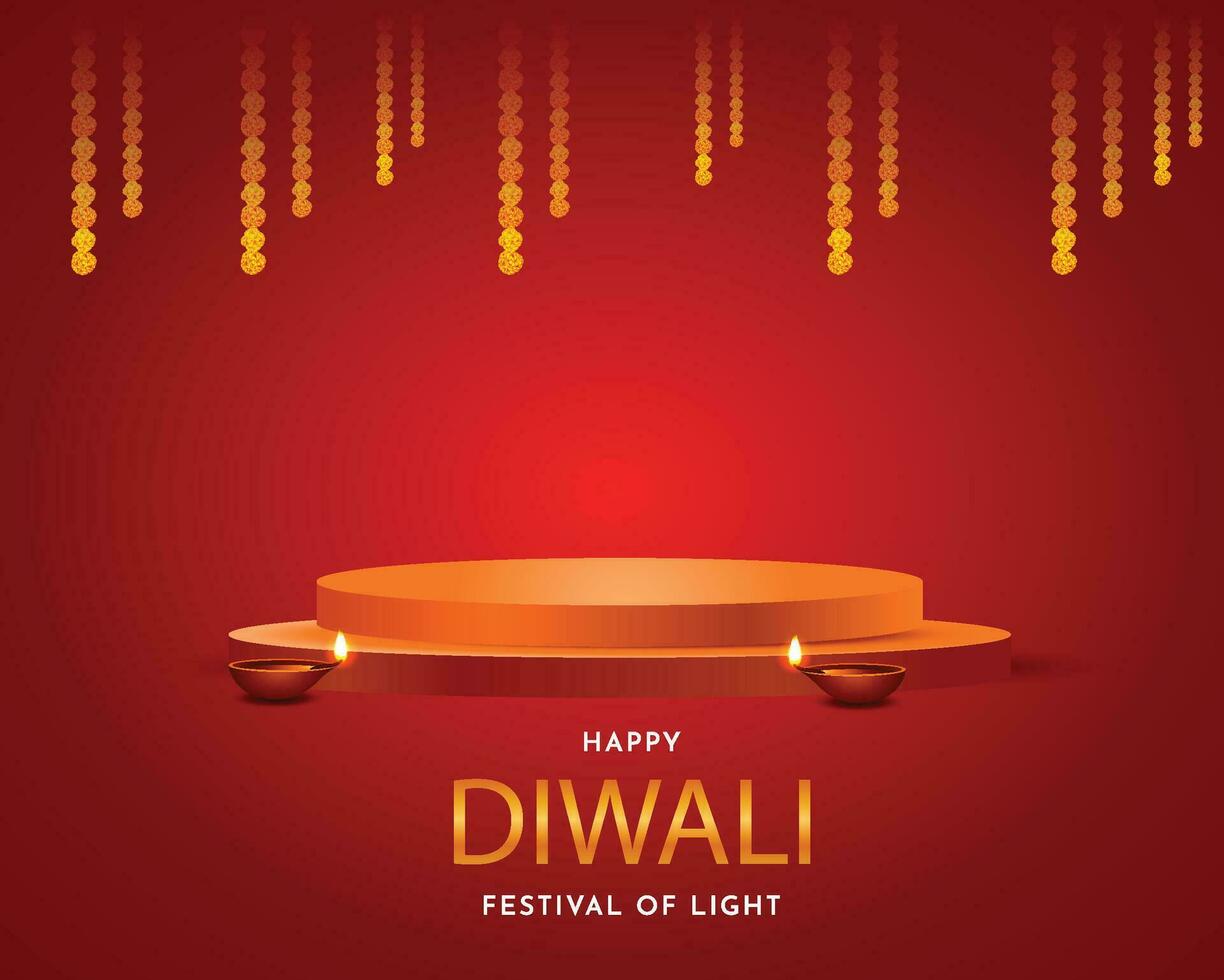 diwali banner with diya and 3d podium for product display vector