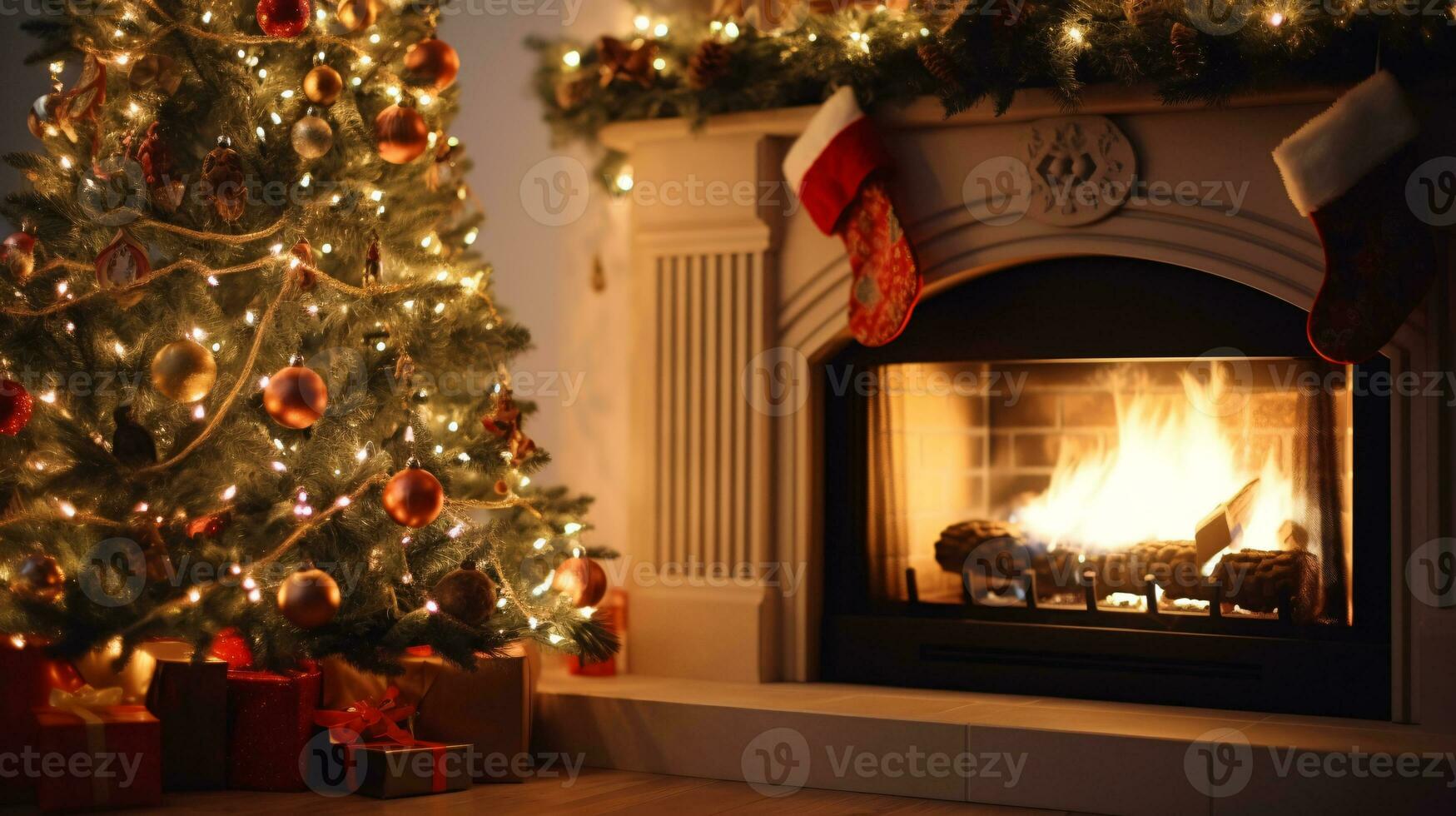 ai generative beautifully decorated christmas home with fireplace photo