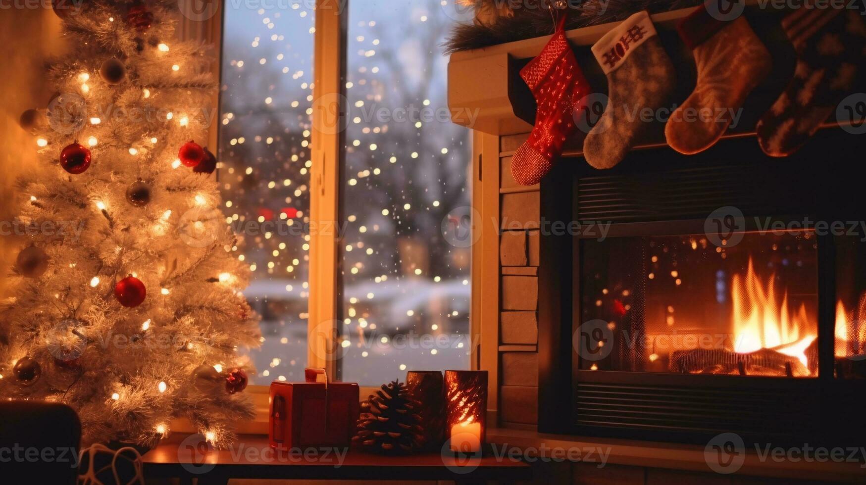 ai generative beautifully decorated christmas home with fireplace photo