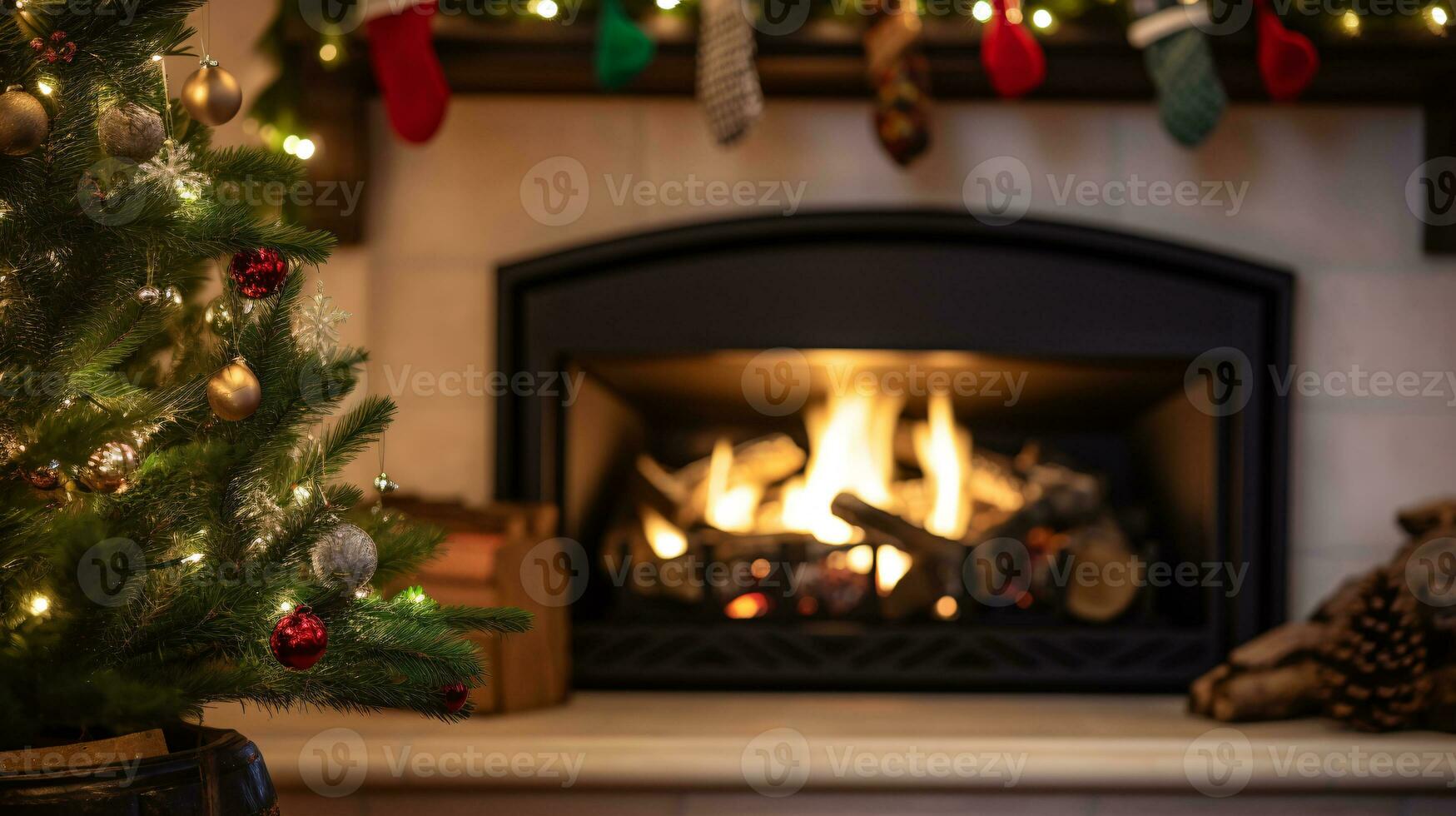 ai generative beautifully decorated christmas home with fireplace photo