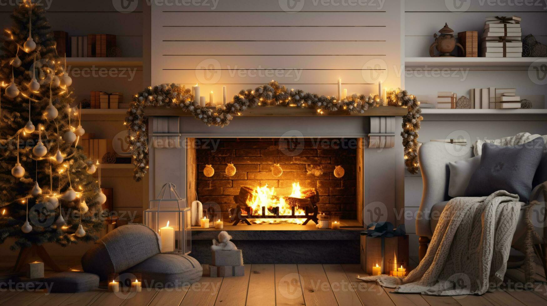 ai generative beautifully decorated christmas home with fireplace photo