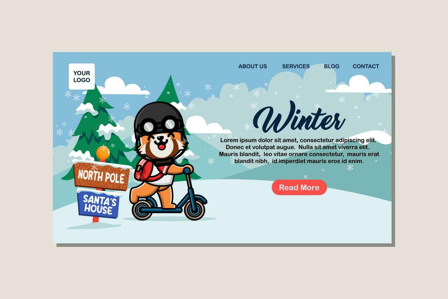 Landing page template for winter with cute redpanda vector