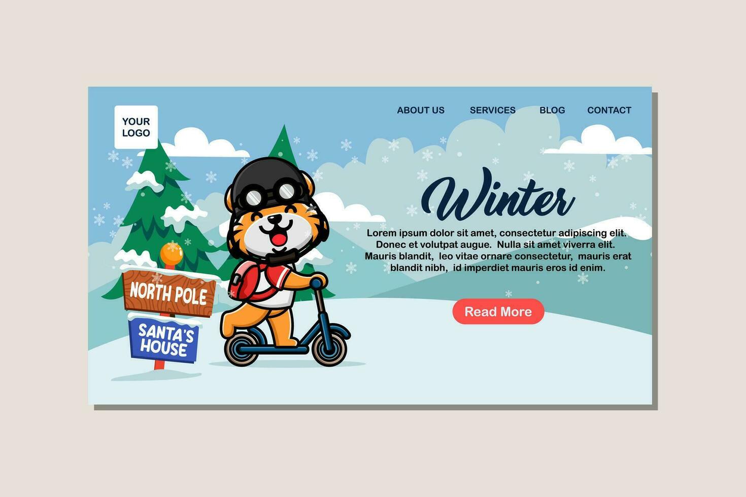 Landing page template for winter with cute tiger vector