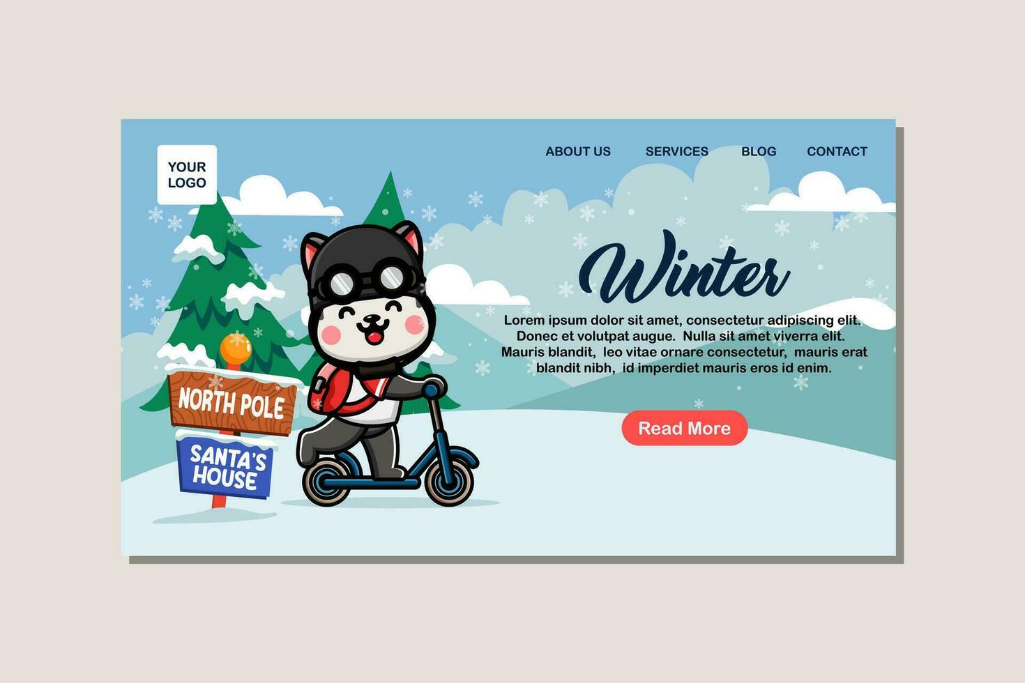 Landing page template for winter with cute husky vector