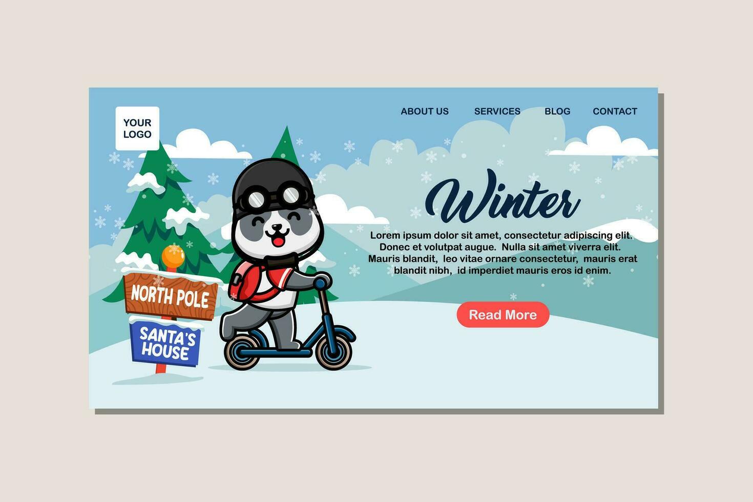 Landing page template for winter with cute panda vector