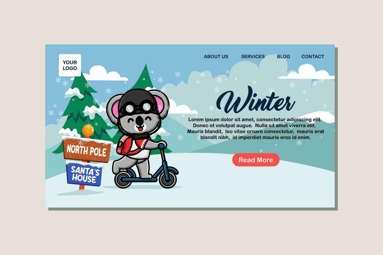 Landing page template for winter with cute koala vector