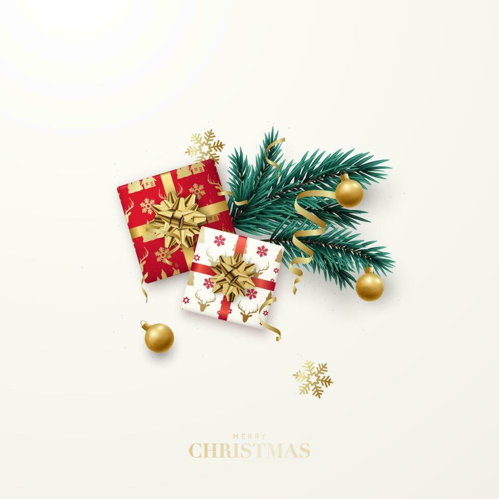 Xmas greeting card. Christmas flat lay design with gifts wrapped in paper vector