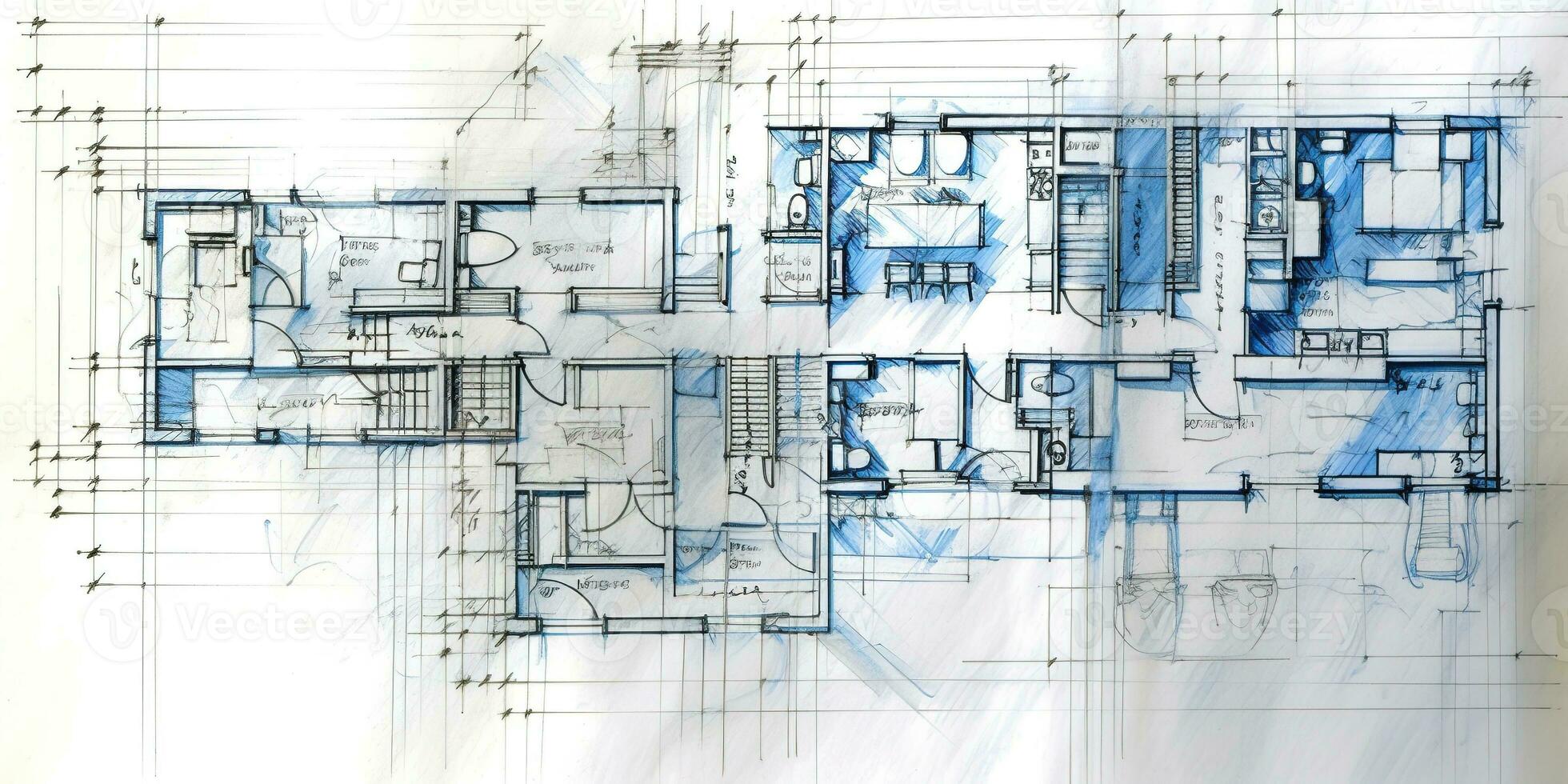 Generative AI, Blue print floor plan, architectural background, technical draw photo