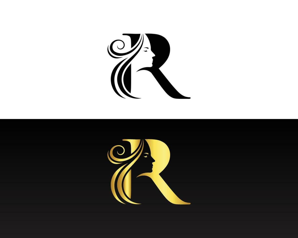 Beauty Face with Royal R Letter Logo Design Vector illustration.