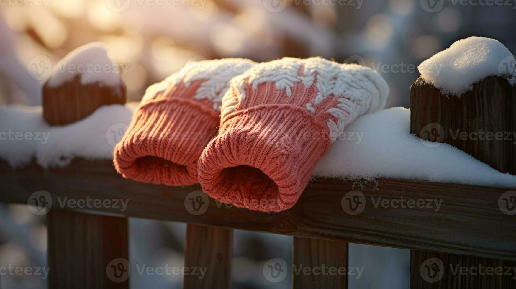 ai generative Mittens, snow gloves in the snow in early morning sunlight photo