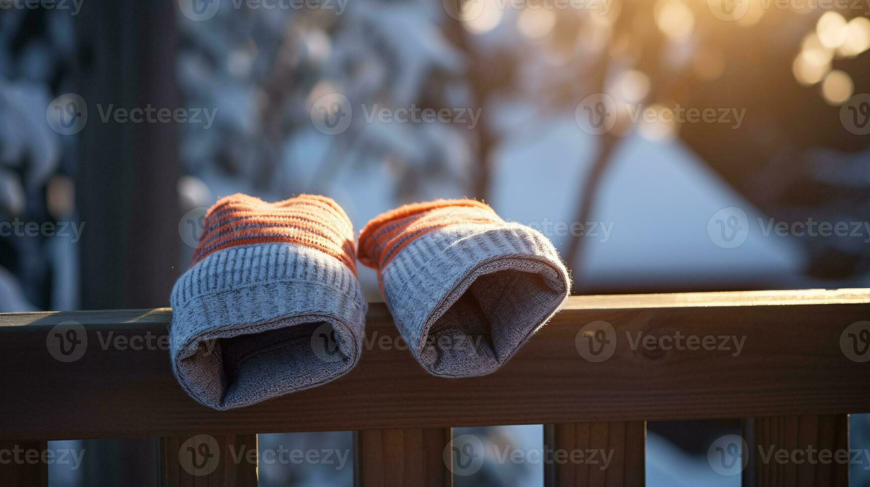 ai generative Mittens, snow gloves in the snow in early morning sunlight photo