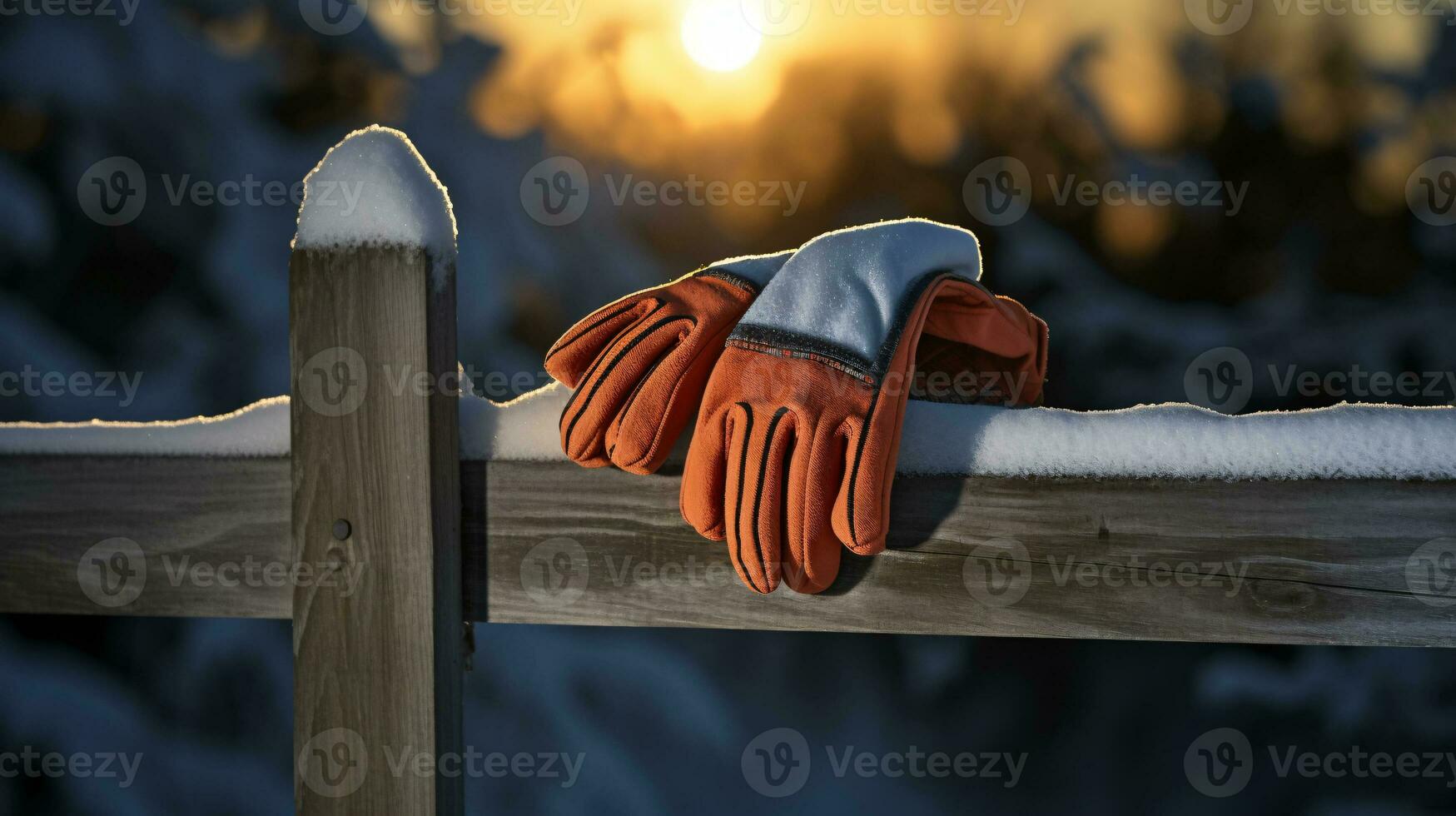 ai generative Mittens, snow gloves in the snow in early morning sunlight photo