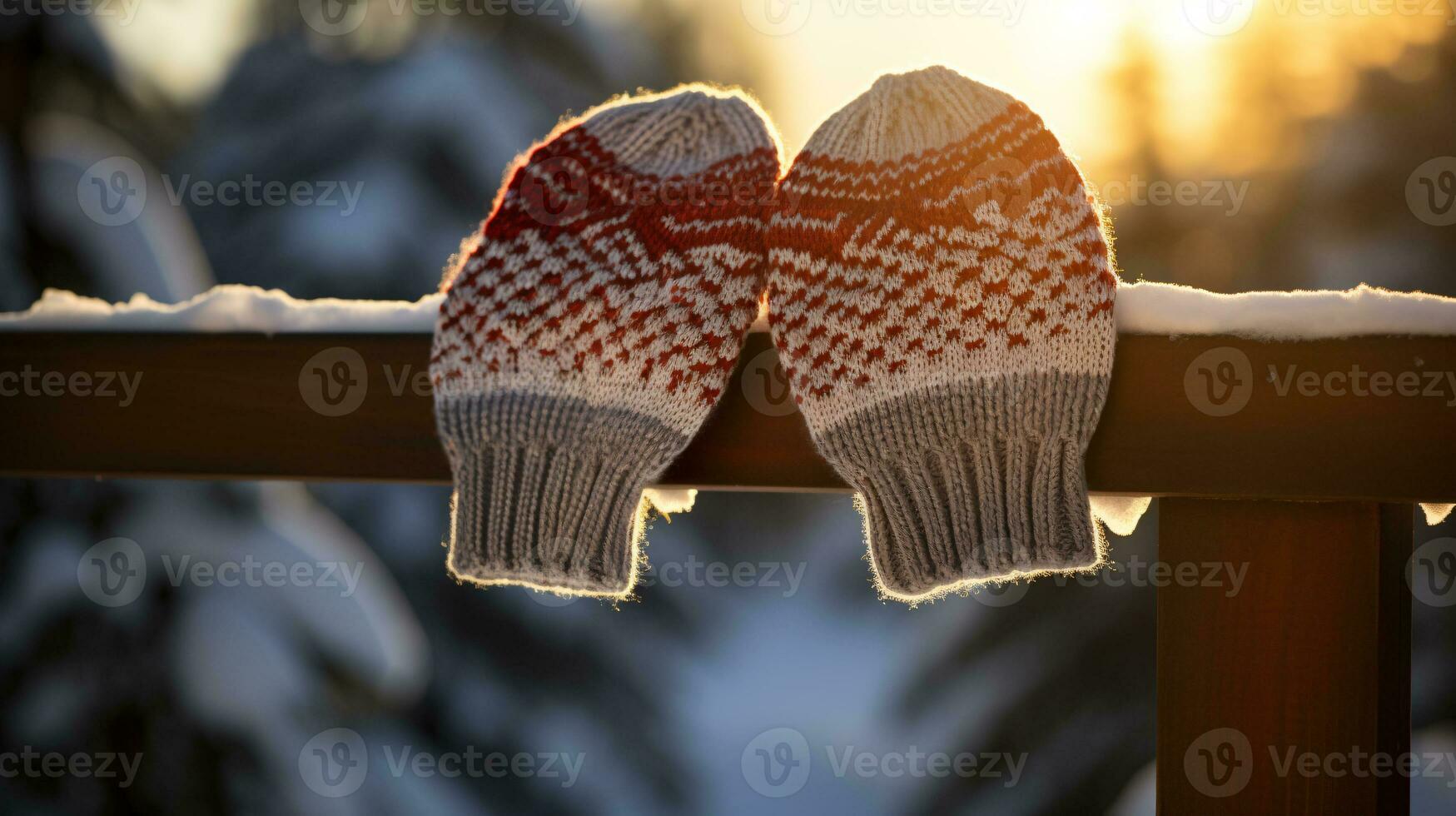 ai generative Mittens, snow gloves in the snow in early morning sunlight photo