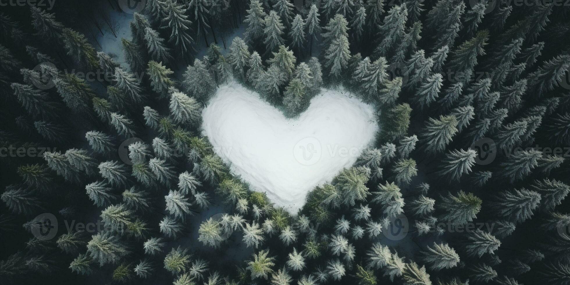 Generative AI, Misty winter fir forest with heart shape, beautiful landscape in hipster vintage retro style, evergreen trees with show photo