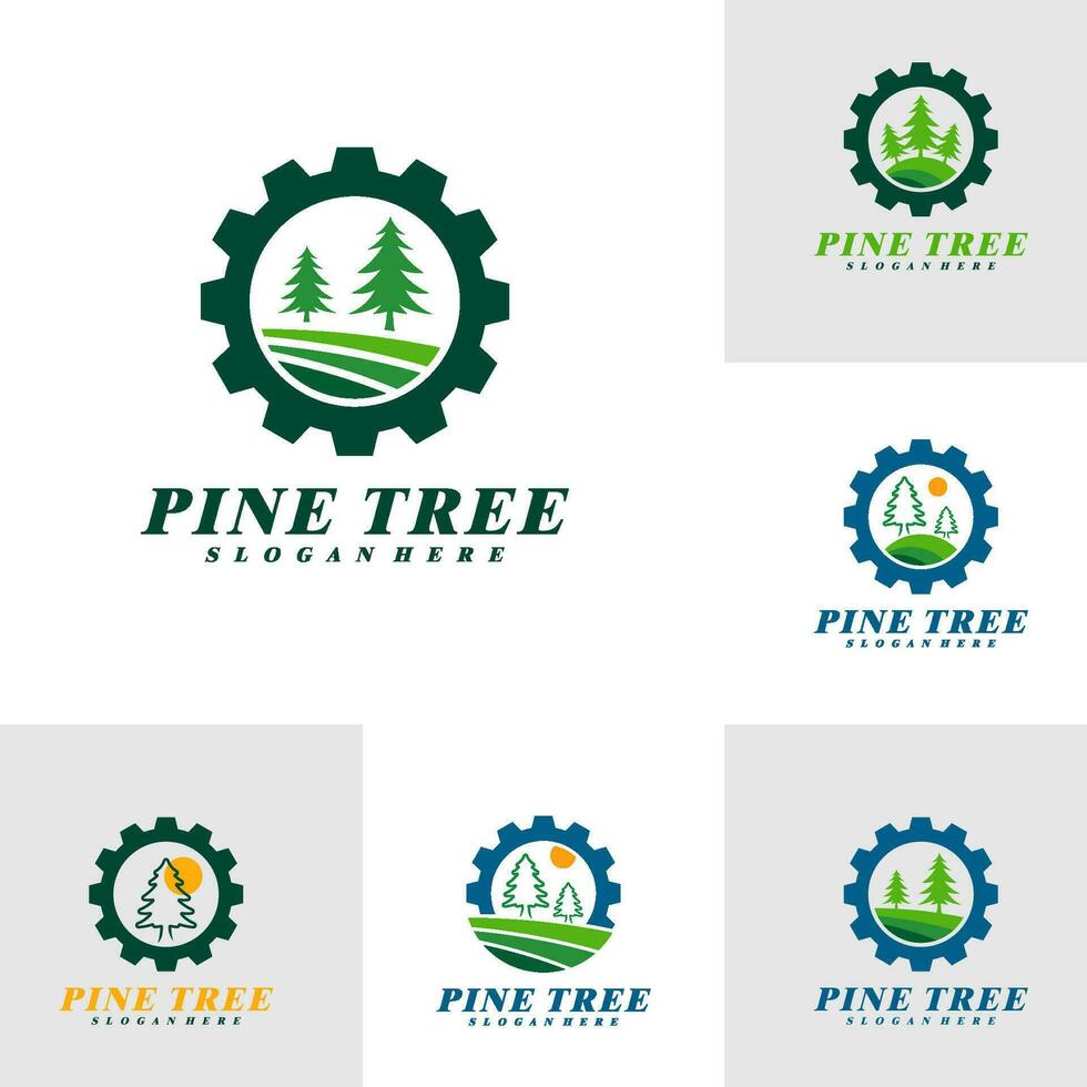 Set of Pine Tree with Gear logo design vector. Creative Pine Tree logo concepts template vector