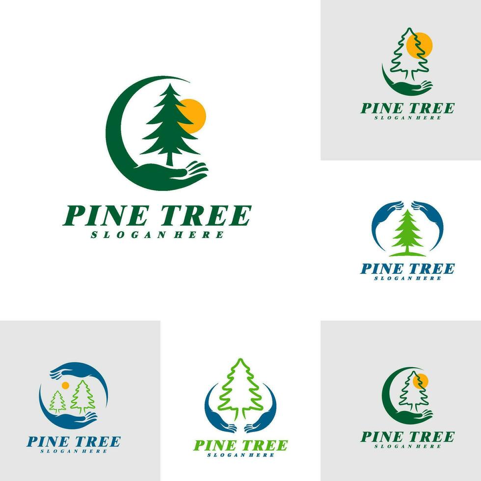 conjunto de pino árbol con cuidado logo diseño vector. creativo pino árbol logo conceptos modelo vector