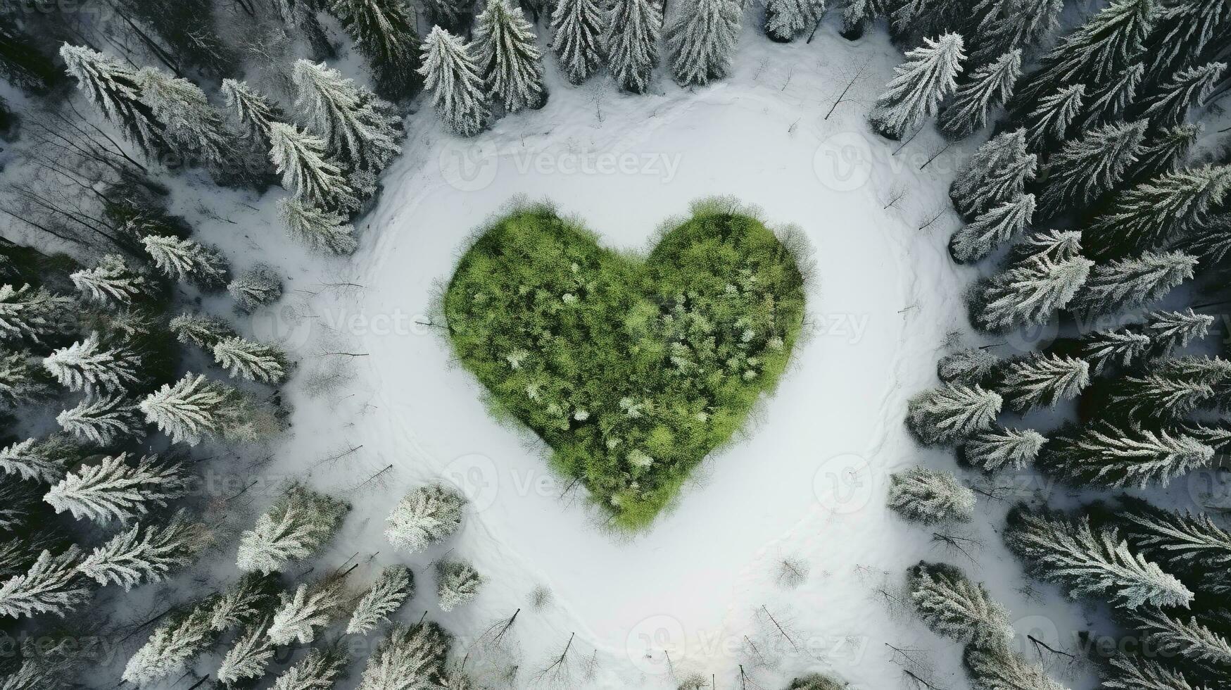 Generative AI, Misty winter fir forest with heart shape, beautiful landscape in hipster vintage retro style, evergreen trees with show photo