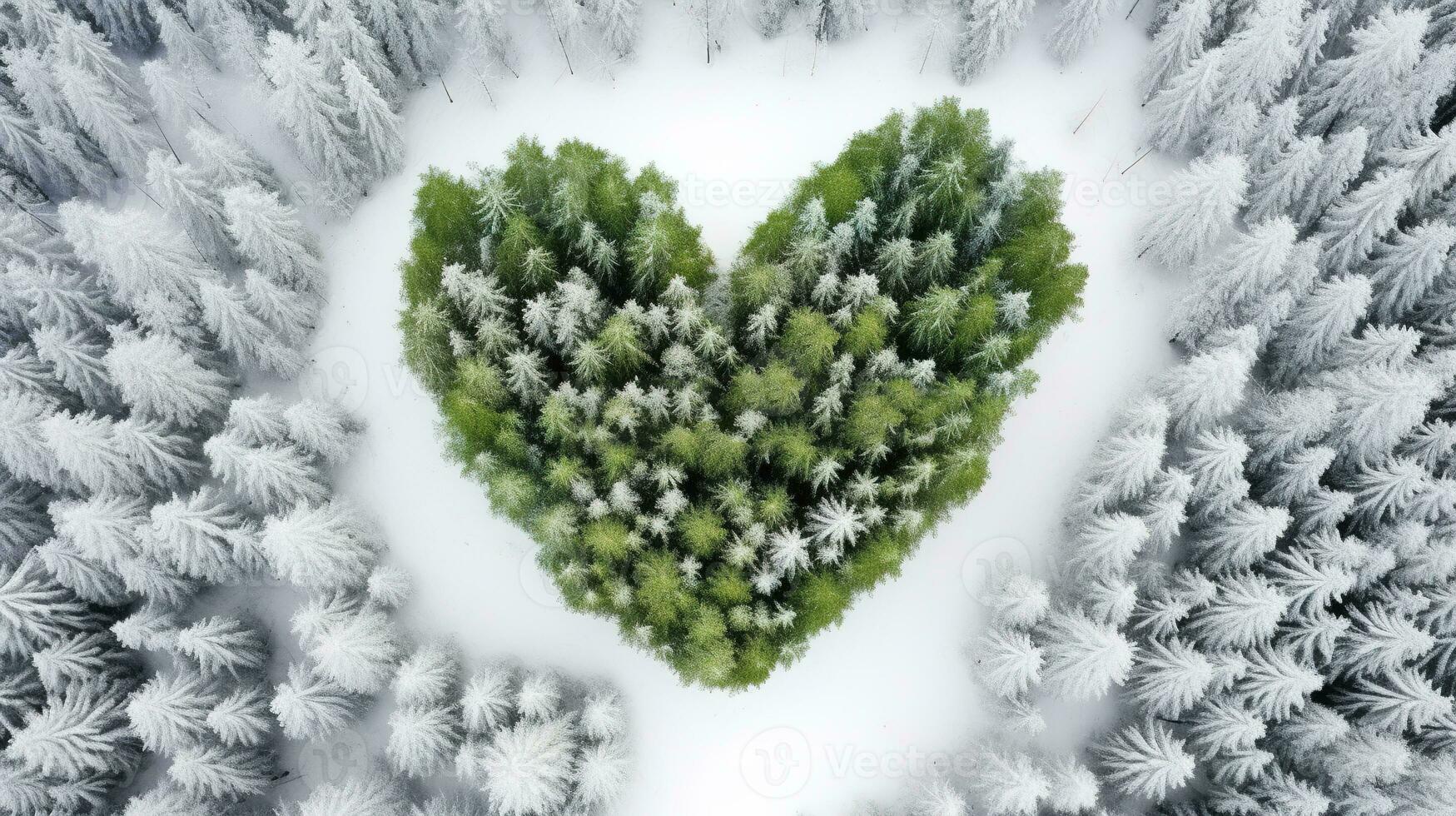 Generative AI, Misty winter fir forest with heart shape, beautiful landscape in hipster vintage retro style, evergreen trees with show photo