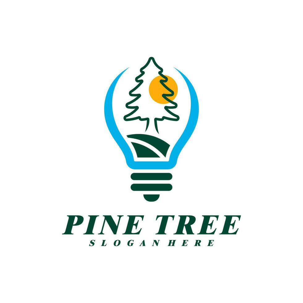 Pine Tree with Bulb logo design vector. Creative Pine Tree logo concepts template vector