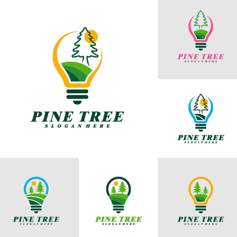 Set of Pine Tree with Bulb logo design vector. Creative Pine Tree logo concepts template vector